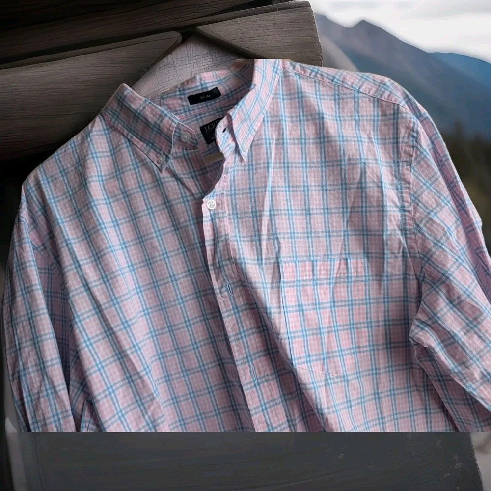 J Crew Shirt Men's XL Slim Fit ‎ Plaid Flex Washed  Pink Blue preppy EXC Button